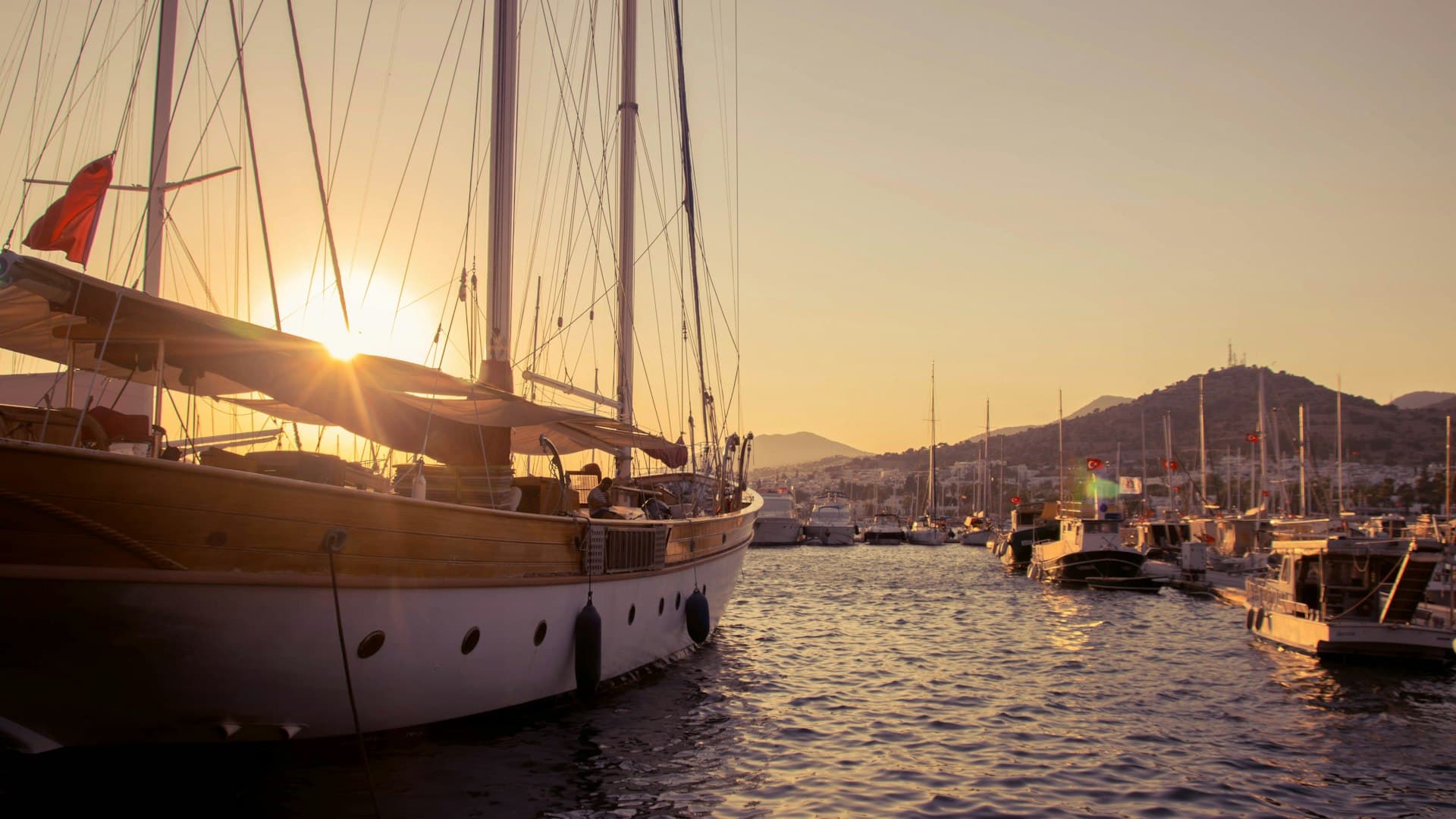 View of Bodrum harbor with the Castle of St. Peter and white-washed buildings